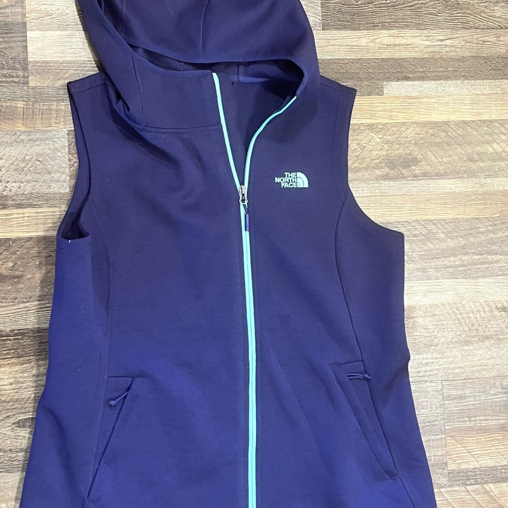 The North Face Dark Blue Hooded Vest with Light Blue Zipper